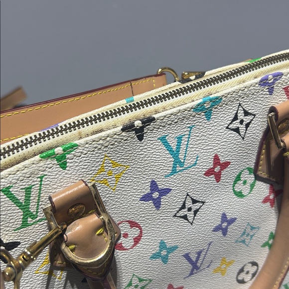 White with Colorful Monogram Pattern Purse Bag with Handles and Shoulder Strap - Picture 6 of 16